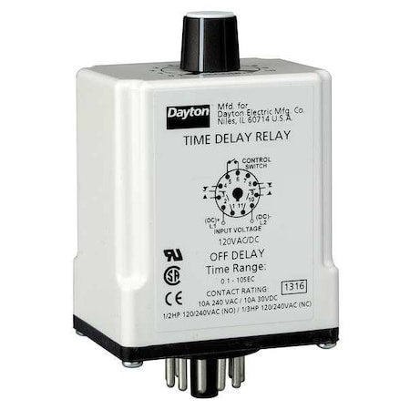 Dayton 24EN95 - Single Function Time Delay Relay, Octal, Off Delay, 1 Functions 240 V AC, DPDT