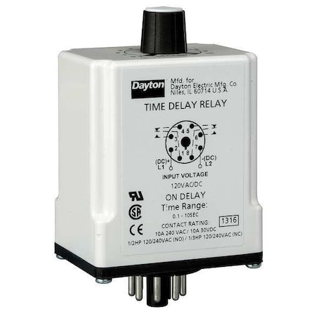 Dayton 24EP03 - Single Function Time Delay Relay, Octal, On Delay, 1 Functions 12 V DC, DPDT