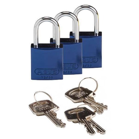 Brady 133280 - Lockout Padlock, Keyed Alike, Aluminum, Blue, 1 in Shackle Height, 1 1/4 in Body Width, 3 PK