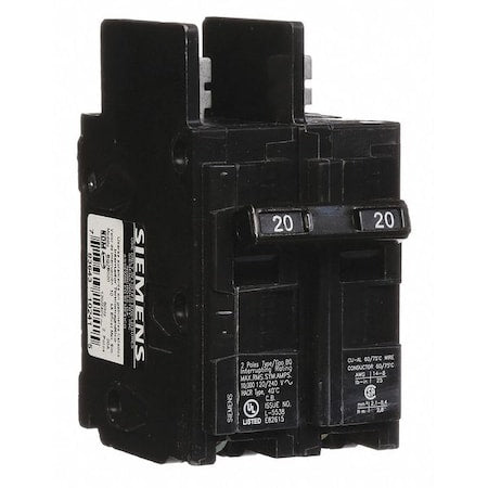 Siemens BQ2B020 - Miniature Circuit Breaker, BQ Series, 20 A, 2 Pole, 120/240 V AC, 10k A at 120/240 V AC