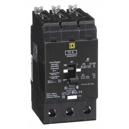 Square D EDB34070 - Miniature Circuit Breaker, E FRAME Series, 70 A, 3 Pole, 277/480 V AC, 25k A at 120 V AC