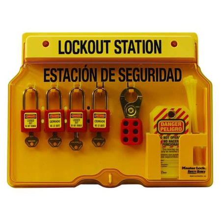 Master Lock 1482BP410ES - Lockout Station, 18 Components Included, Holds (4) Keyed Different Padlocks, English/Spanish, Yellow