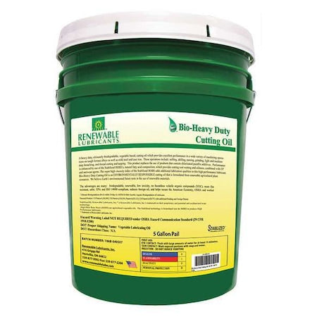 Renewable Lubricants 86714 - Cutting Oil, 5 gal, Pail, Yellow