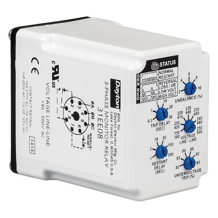 Dayton PMPU-B18 - Phase Monitor Relay, 8 Pins, 190-500 V AC