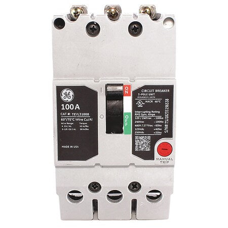 Ge TEYL3100B - Molded Case Circuit Breaker, TEYL Series, 100 A, 3 Pole, 277/480 V AC, 65k A at 277/480 V AC