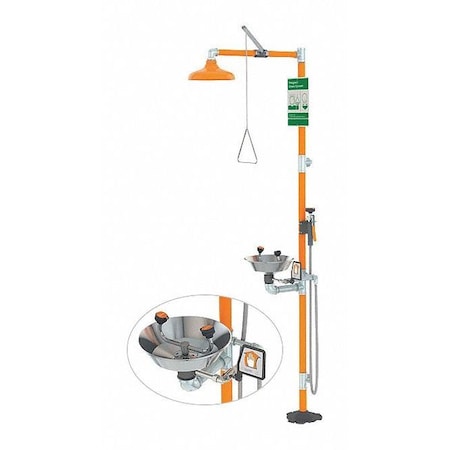 Guardian Equipment G1902SSH - Shower with Eyewash, Floor Mount, Galvanized Steel Pipe, 94 3/4 in H, Stainless Steel Bowl, Orange
