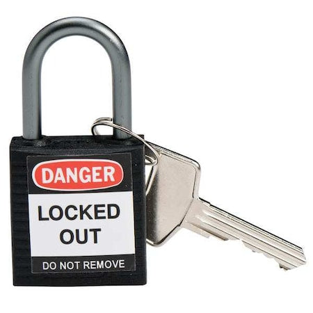 Brady 143166 - Lockout Padlock, Keyed Different, Nylon, Black, 1 in Shackle Height, 1 3/16 in Body Width