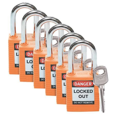 Brady 123270 - Lockout Padlock, Keyed Alike, Nylon, Orange, 1 1/2 in Shackle Height, 1 1/2 in Body Width, 6 PK