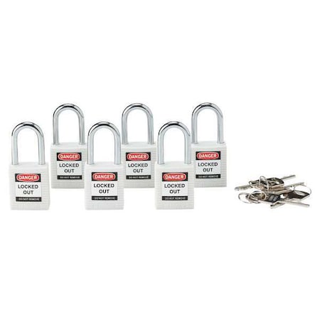 Brady 118950 - Lockout Padlock, Keyed Alike, Nylon, White, 1 1/2 in Shackle Height, 1 1/2 in Body Width, 6 PK