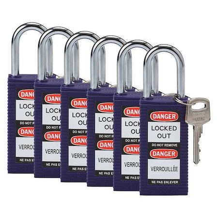 Brady 123430 - Lockout Padlock, Keyed Alike, Nylon, Purple, 1 1/2 in Shackle Height, 1 1/2 in Body Width, 6 PK