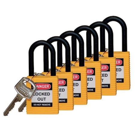 Brady 123354 - Lockout Padlock, Keyed Different, Nylon, Yellow, 1 1/2 in Shackle Height, 1 1/2 in Body Width, 6 PK