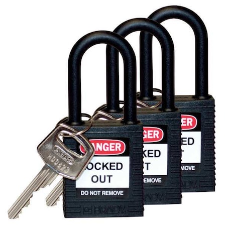 Brady 123338 - Lockout Padlock, Keyed Alike, Nylon, Black, 1 1/2 in Shackle Height, 1 1/2 in Body Width, 3 PK