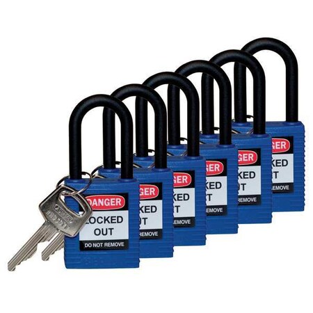 Brady 123343 - Lockout Padlock, Keyed Alike, Nylon, Blue, 1 1/2 in Shackle Height, 1 1/2 in Body Width, 6 PK