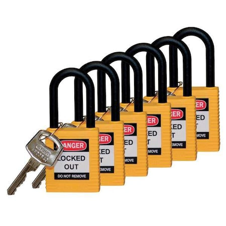 Brady 123345 - Lockout Padlock, Keyed Alike, Nylon, Yellow, 1 1/2 in Shackle Height, 1 1/2 in Body Width, 6 PK
