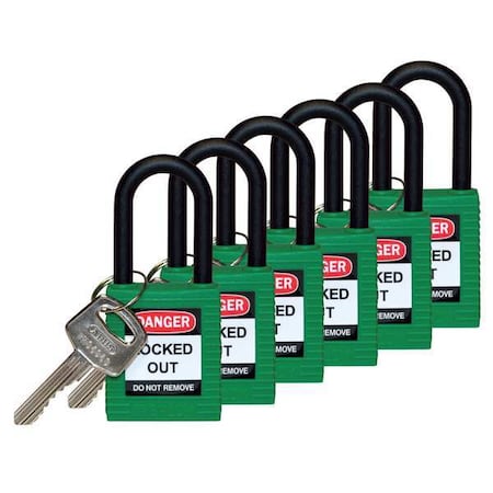 Brady 123344 - Lockout Padlock, Keyed Alike, Nylon, Green, 1 1/2 in Shackle Height, 1 1/2 in Body Width, 6 PK