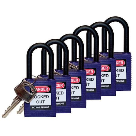 Brady 123349 - Lockout Padlock, Keyed Alike, Nylon, Purple, 1 1/2 in Shackle Height, 1 1/2 in Body Width, 6 PK