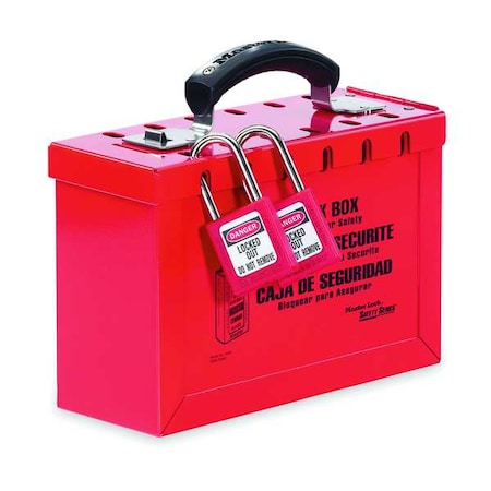 Master Lock 498A - Lockout Tagout Portable Group Lock Box, Steel, Hinged, 12 Padlocks, 6 in x 9.25 in x 3.75 in, Red