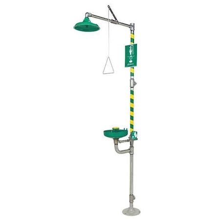 Haws 8320-8325 - Shower with Eyewash, Floor Mount, Galvanized Steel Pipe, 93 1/4 in H, Plastic Bowl, Green/Yellow