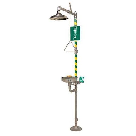 Haws 8330 - Shower with Eyewash, Floor Mount, Stainless Steel Pipe, 95 1/4 in H, Stainless Steel Bowl