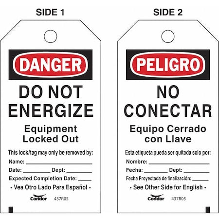Condor CNDR-51511-2 - Lockout Tag, Danger/Peligro, Polyester, 3 in Width, 5 3/4 in Height, Write On Surface: Yes ,25 PK