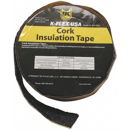 K-Flex Usa 800-TAPE-CRK - Pipe Insulation Tape, 30 ft Overall Lg, 2 in Overall Wd, 130 mil Thick, Cork, Black