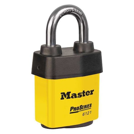 Master Lock 6121KAYLW - Lockout Padlock, Keyed Alike, Steel, Yellow, 1 1/8 in Shackle Height, 2 1/8 in Body Width