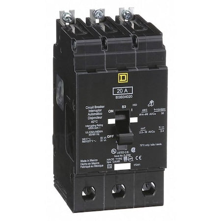 Square D EGB34020 - Miniature Circuit Breaker, E FRAME Series, 20 A, 3 Pole, 277/480 V AC, 65k A at 120 V AC