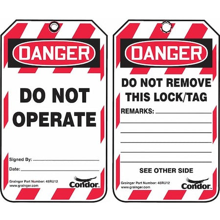 Condor 48RU12 - Lockout Tag, Danger, Plastic, 3 1/4 in Width, 5 3/4 in Height, Write On Surface: Yes ,100 PK