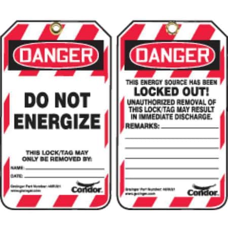 Condor 48RU21 - Lockout Tag, Danger, Plastic, 3 1/4 in Width, 5 3/4 in Height, Write On Surface: Yes ,100 PK