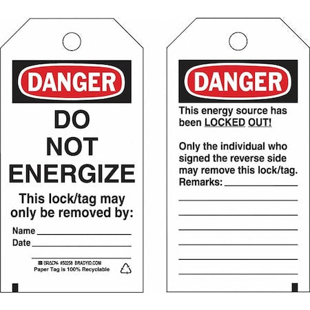 Brady 133566 - Lockout Tag, Danger, Paper, 3 in Width, 5 3/4 in Height, Write On Surface: Yes