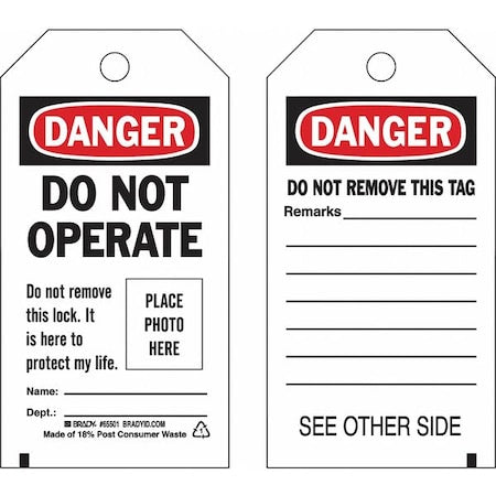 Brady 65500 - Lockout Tag, Danger, Polyester, 3 in Width, 5 3/4 in Height, Write On Surface: Yes ,25 PK