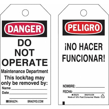 Brady 133545 - Lockout Tag, Danger/Peligro, Polyester, 3 in Width, 5 3/4 in Height, Write On Surface: Yes