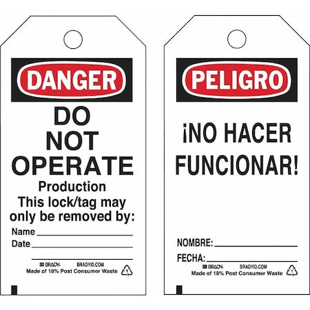 Brady 133556 - Lockout Tag, Danger/Peligro, Paper, 3 in Width, 5 3/4 in Height, Write On Surface: Yes