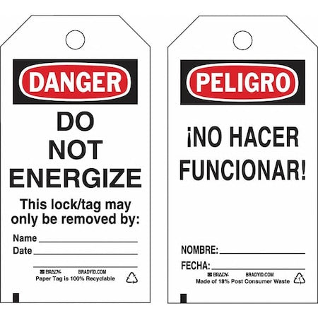 Brady 133565 - Lockout Tag, Danger/Peligro, Polyester, 3 in Width, 5 3/4 in Height, Write On Surface: Yes ,25 PK
