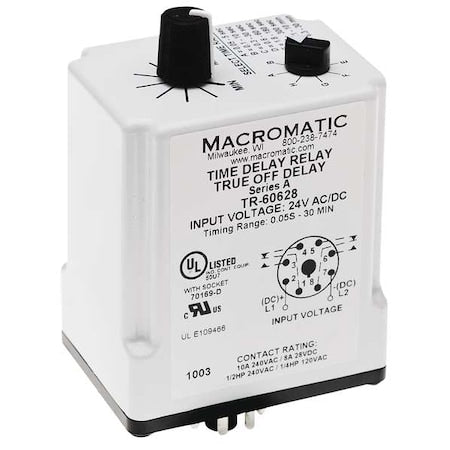 Macromatic TR-60628 - Single Function Time Delay Relay, Octal, Off Delay, 1 Functions 24 V AC/DC, DPDT