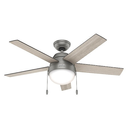 Hunter 59267 - Decorative Ceiling Fan, 46 in Blade Dia, 5 Blades, 3 Speeds, 120 V AC, Matte Silver