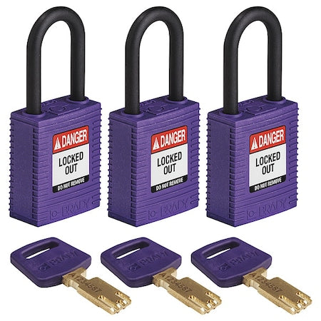 Brady NYL-PRP-38PL-KA3PK - Lockout Padlock, Keyed Alike, Nylon, Purple, 1 1/2 in Shackle Height, 1 1/2 in Body Width, 3 PK
