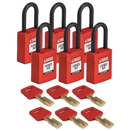 Brady NYL-RED-38PL-KD6PK - Lockout Padlock, Keyed Different, Nylon, Red, 1 1/2 in Shackle Height, 1 1/2 in Body Width, 6 PK