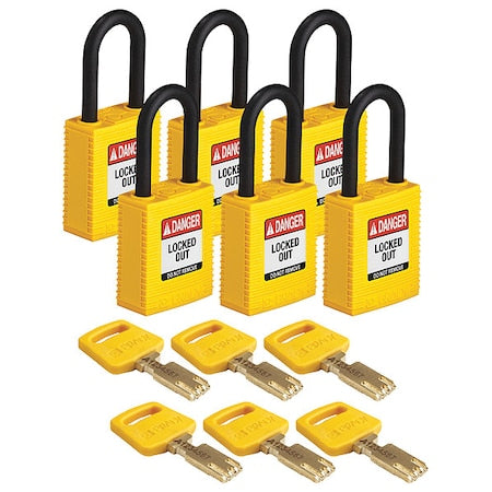 Brady NYL-YLW-38PL-KD6PK - Lockout Padlock, Keyed Different, Nylon, Yellow, 1 1/2 in Shackle Height, 1 1/2 in Body Width, 6 PK