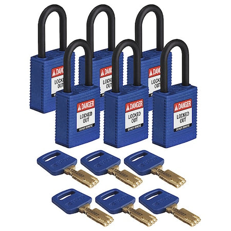 Brady NYL-BLU-38PL-KD6PK - Lockout Padlock, Keyed Different, Nylon, Blue, 1 1/2 in Shackle Height, 1 1/2 in Body Width, 6 PK