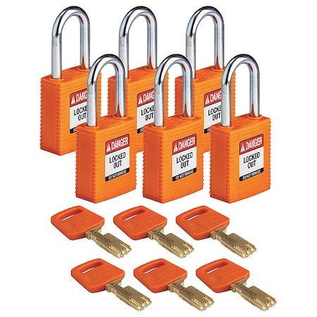 Brady NYL-ORG-38ST-KD6PK - Lockout Padlock, Keyed Different, Nylon, Orange, 1 1/2 in Shackle Height, 1 1/2 in Body Width, 6 PK