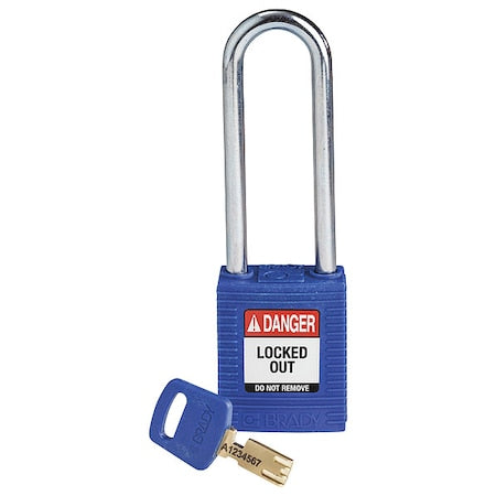 Brady NYL-BLU-76ST-KD - Lockout Padlock, Keyed Different, Nylon, Blue, 3 in Shackle Height, 1 1/2 in Body Width