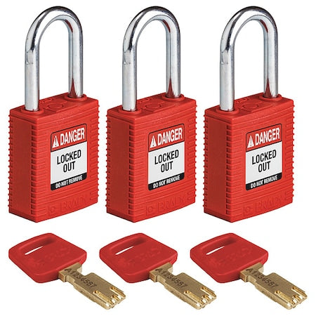 Brady NYL-RED-38ST-KA3PK - Lockout Padlock, Keyed Alike, Nylon, Red, 1 1/2 in Shackle Height, 1 1/2 in Body Width, 3 PK