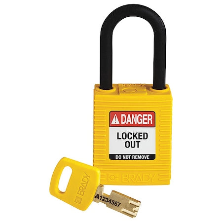 Brady NYL-YLW-38PL-KD - Lockout Padlock, Keyed Different, Nylon, Yellow, 1 1/2 in Shackle Height, 1 1/2 in Body Width