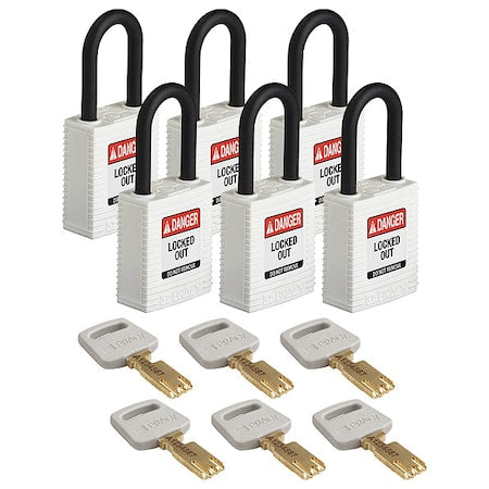 Brady NYL-WHT-38PL-KA6PK - Lockout Padlock, Keyed Alike, Nylon, White, 1 1/2 in Shackle Height, 1 1/2 in Body Width, 6 PK
