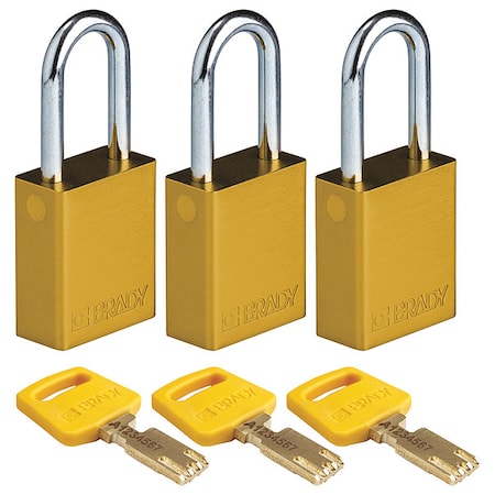 Brady ALU-YLW-38ST-KA3PK - Lockout Padlock, Keyed Alike, Aluminum, Yellow, 1 1/2 in Shackle Height, 1 1/2 in Body Width, 3 PK