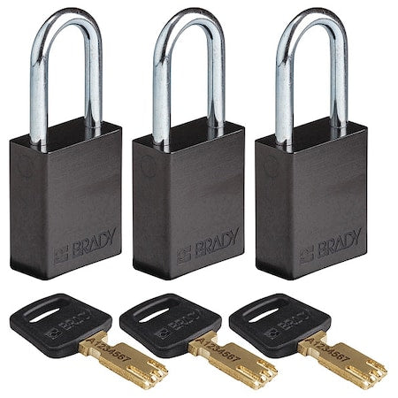 Brady ALU-BLK-38ST-KA3PK - Lockout Padlock, Keyed Alike, Aluminum, Black, 1 1/2 in Shackle Height, 1 1/2 in Body Width, 3 PK