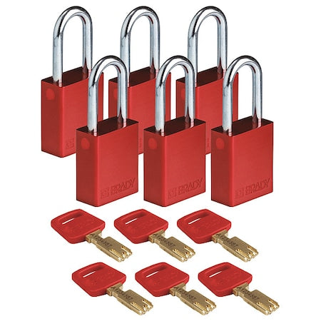 Brady ALU-RED-38ST-KD6PK - Lockout Padlock, Keyed Different, Aluminum, Red, 1 1/2 in Shackle Height, 1 1/2 in Body Width, 6 PK