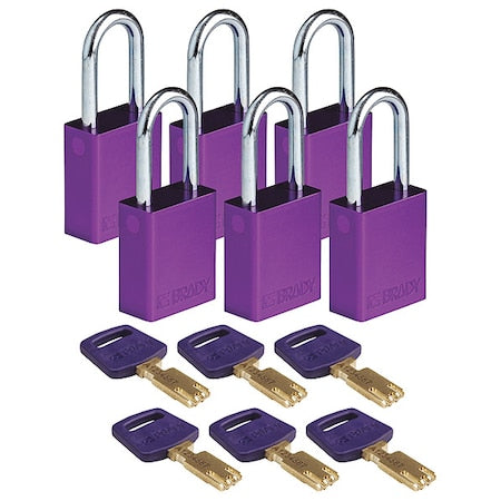 Brady ALU-PRP-38ST-KD6PK - Lockout Padlock, Keyed Different, Aluminum, Purple, 1 1/2 in Shackle Height, 1 1/2 in Body Width