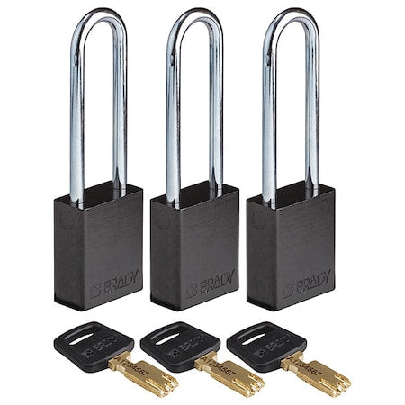 Brady ALU-BLK-76ST-KA3PK - Lockout Padlock, Keyed Alike, Aluminum, Black, 3 in Shackle Height, 1 1/2 in Body Width, 3 PK